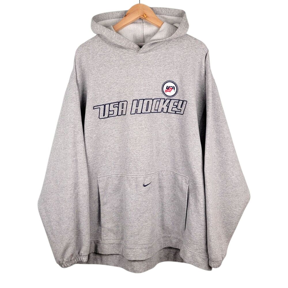 Vintage Nike USA Hockey Hoodie Men's XXL Center Swoosh Embroidered Grey Pullover